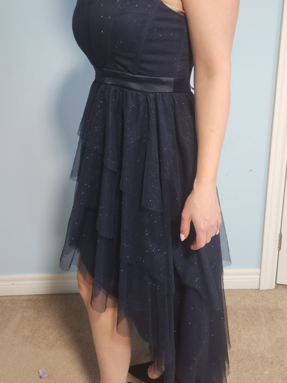 Suzy Shier Navy Blue Sparkle Layered Prom Dress